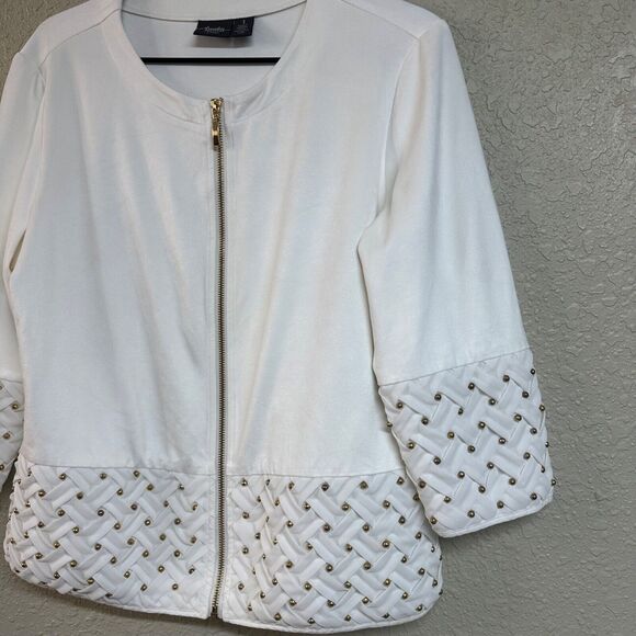 Chico's Travelers Mixed Media Collarless Faux Suede Jacket Size 1/M/8 White Gold - Picture 4 of 7